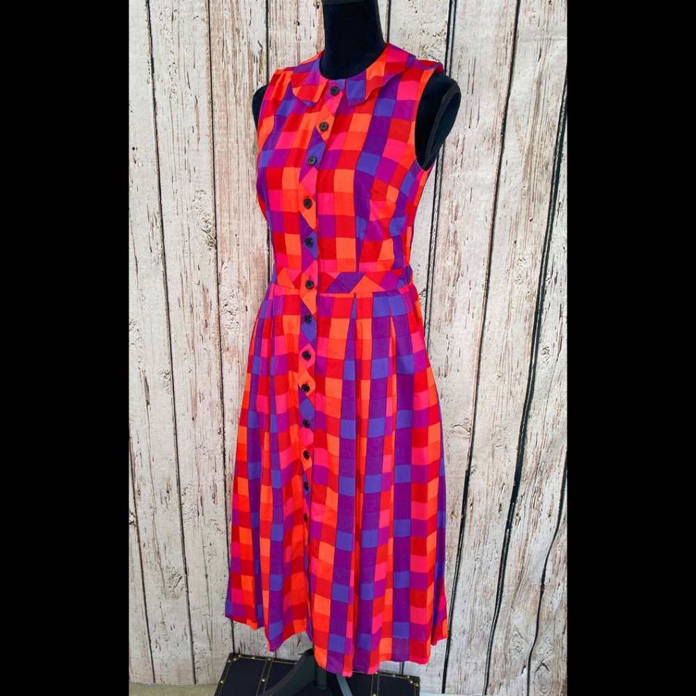 Eshakti HOT pink purple orange red Plaid Midi dress Peter Pan collar CUTE 6 - Picture 2 of 4